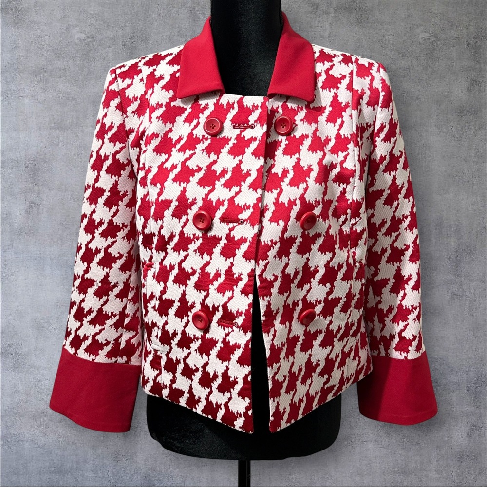 Mary Kay Houndstooth Blazer Womens Small Red White Double Breasted Jacket